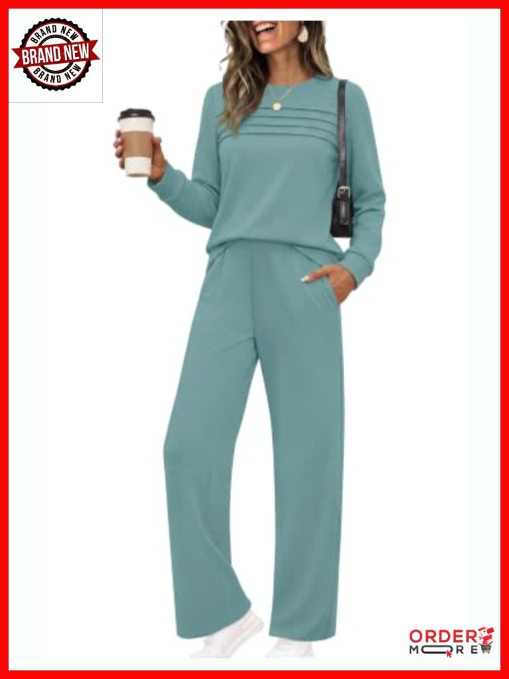 2 Piece Lounge Set Long Sleeve Pleated Top Wide Leg Sweatpants Travel Set